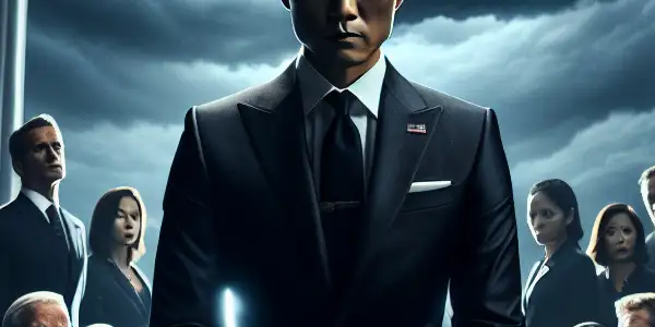 A tense summit scene with Korean, American, and North Korean leaders amidst a stormy backdrop, reflecting political intrigue.