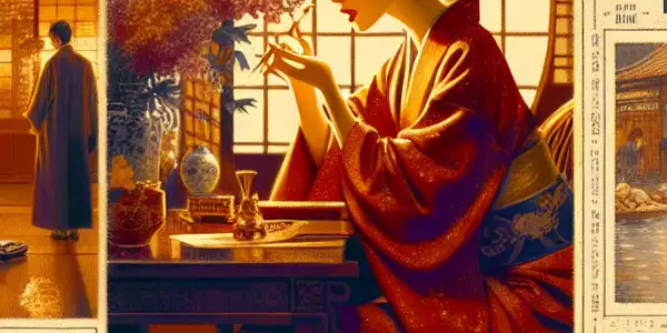 A married woman in an elegant setting, embodying devotion and forbidden desires amidst cinematic Japanese elements.