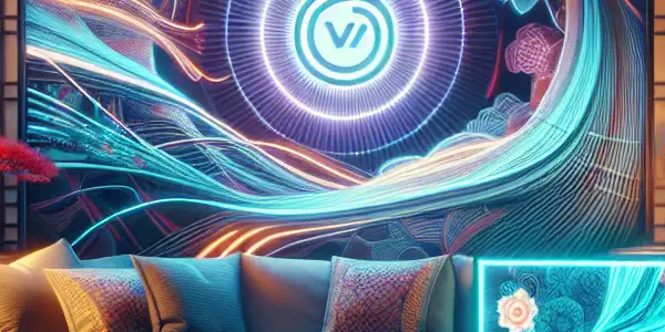 A cozy living room with abstract visuals, a glowing laptop, and hints of Japanese culture, promoting safe adult entertainment exploration.