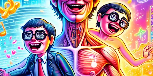 A whimsical scene of a middle-aged person joyfully transforming back to youth in a vibrant, dreamlike landscape.