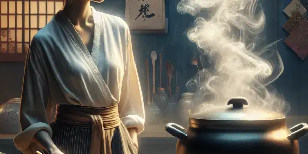 A charismatic woman playfully cooks in a warm, modern Japanese kitchen filled with colorful ingredients and mysterious steam.