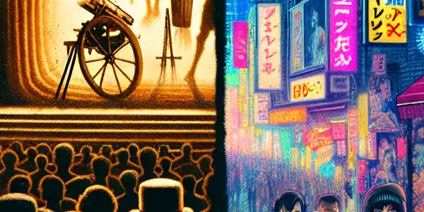 A split scene illustrating the evolution of adult films: vintage cinema in the early 1900s and a vibrant 1980s Tokyo street.