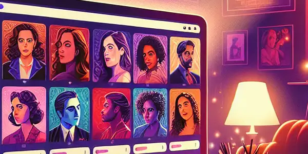 A computer screen displaying a sleek adult film platform in a cozy, dimly-lit room with vibrant movie thumbnails.