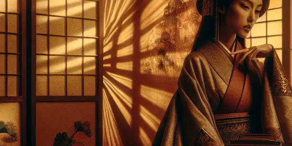 A luxurious Japanese room with a captivating figure in a silk kimono, evoking elegance and sensuality.