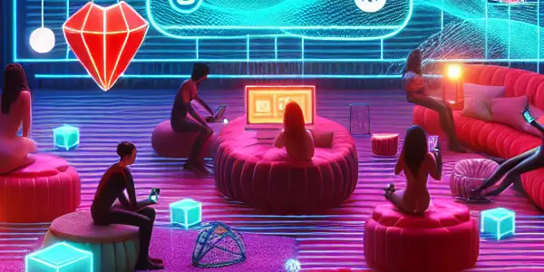 A vibrant, neon-lit room with young adults engaging with colorful devices and a large screen displaying adult content.