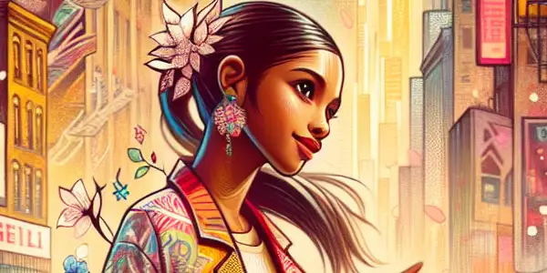 A youthful female protagonist in a vibrant urban setting, embodying innocence and sensuality, with themes of exploration and desire.