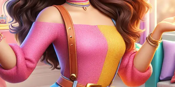 A playful young woman in a colorful outfit, surrounded by whimsical decor and a lighthearted atmosphere.