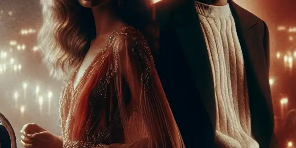 A passionate couple in a dimly lit, luxurious room, embodying romance and intrigue.