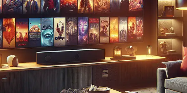 A cozy living room featuring a high-definition TV displaying enticing adult film visuals and tasteful decor.