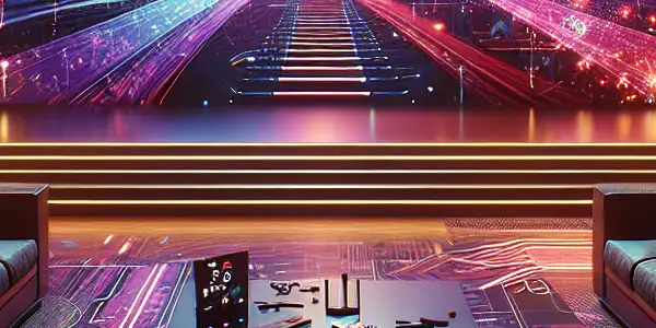 A futuristic media playback interface displaying vibrant visuals from adult films in a cozy, sophisticated viewing room.