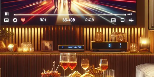 A cozy living room with a high-definition TV displaying an engaging adult film, featuring plush seating and inviting decor.