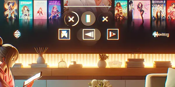 A modern living room scene showcasing a user enjoying a seamless streaming service for Japanese adult films on a sleek device.