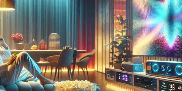 A cozy modern living room with a large TV, plush couches, and a person enjoying a movie.