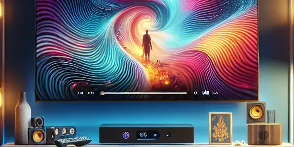 Cozy living room with a large TV, comfortable sofa, snacks, and warm lighting for an inviting entertainment experience.