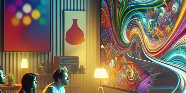 A diverse group of friends enjoys a movie night in a cozy living room, captivated by vibrant streaming visuals.