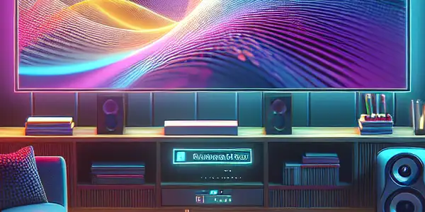 A cozy home theater setup featuring a large screen, plush seating, snacks, and a curated media library.