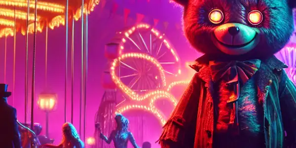 A haunted teddy bear in a dimly lit amusement park, surrounded by eerie shadows and vibrant neon colors.