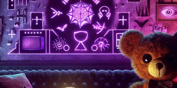 A whimsical teddy bear in a dark room surrounded by eerie elements and flickering neon lights.