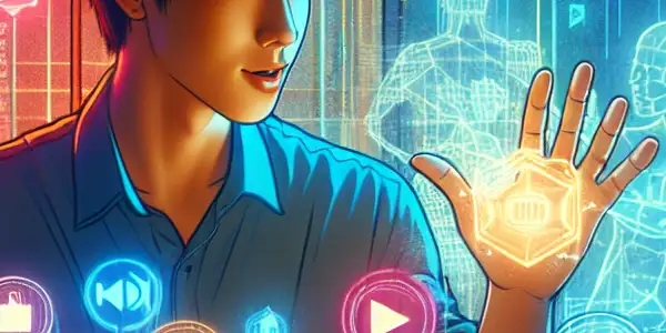 A young adult interacts with a holographic dashboard showcasing a vibrant points system for adult film genres.