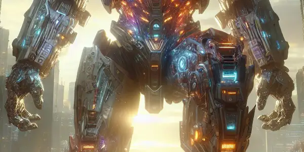 A colossal mech stands in a ruined cityscape, facing a menacing kaiju, while diverse characters strategize in battle gear.