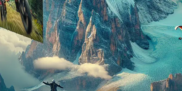 A vibrant mountain landscape with adventurers climbing, biking, and paragliding, capturing adventure and intimate connections.