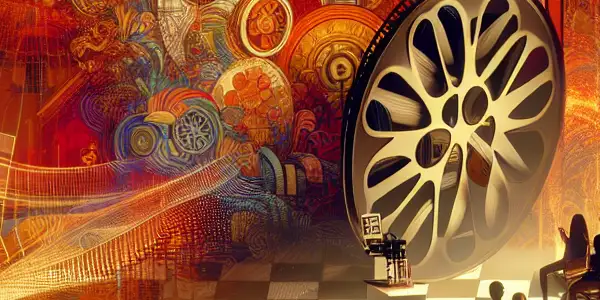 A vibrant film studio scene depicting diverse actors and crew engaged in the creative process of Japanese adult films.