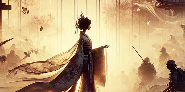 A mysterious figure in a kimono amidst cherry blossoms in a surreal, war-torn landscape with soldiers in the background.