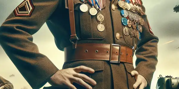General Patton confidently stands on a chaotic battlefield, surrounded by tanks and soldiers under a dramatic sky.