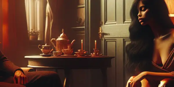 A married woman and a handsome man share an intimate moment in a cozy, dimly lit living room.