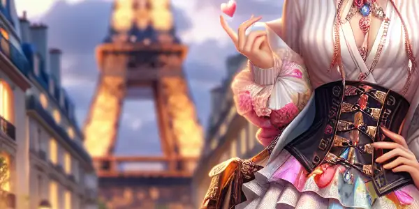 A stylish "Q Girl" in a colorful outfit stands on a romantic Parisian street at twilight, with iconic landmarks in the background.