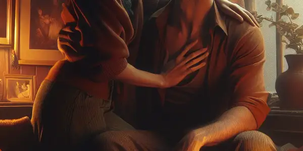 A young man and older woman share an intense emotional connection in a cozy, intimate setting.